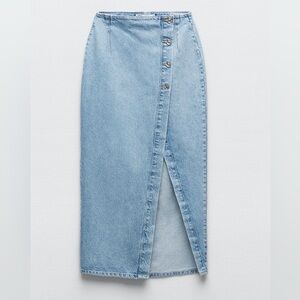 Zara Light Blue Denim Midi Skirt with Front Slit